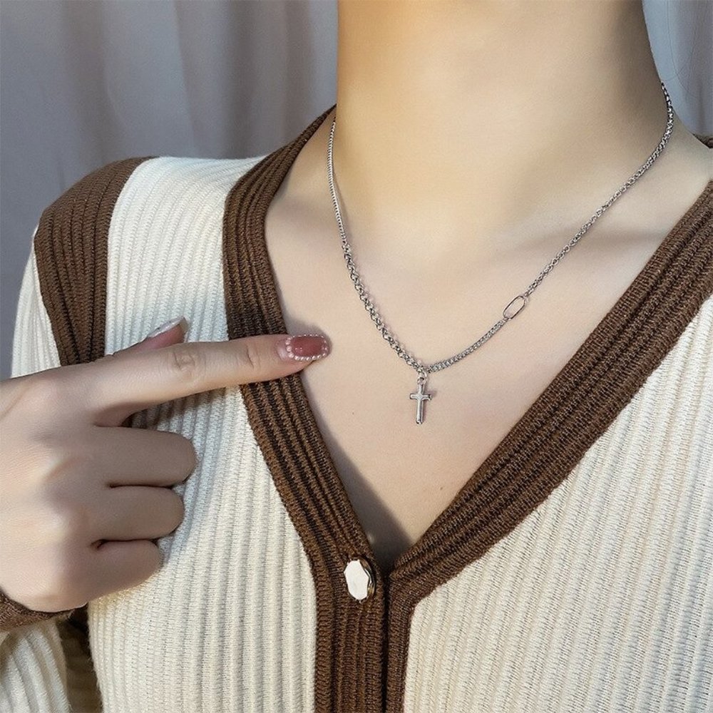 NEW Silver Clavicle Chain Double Cross Necklace